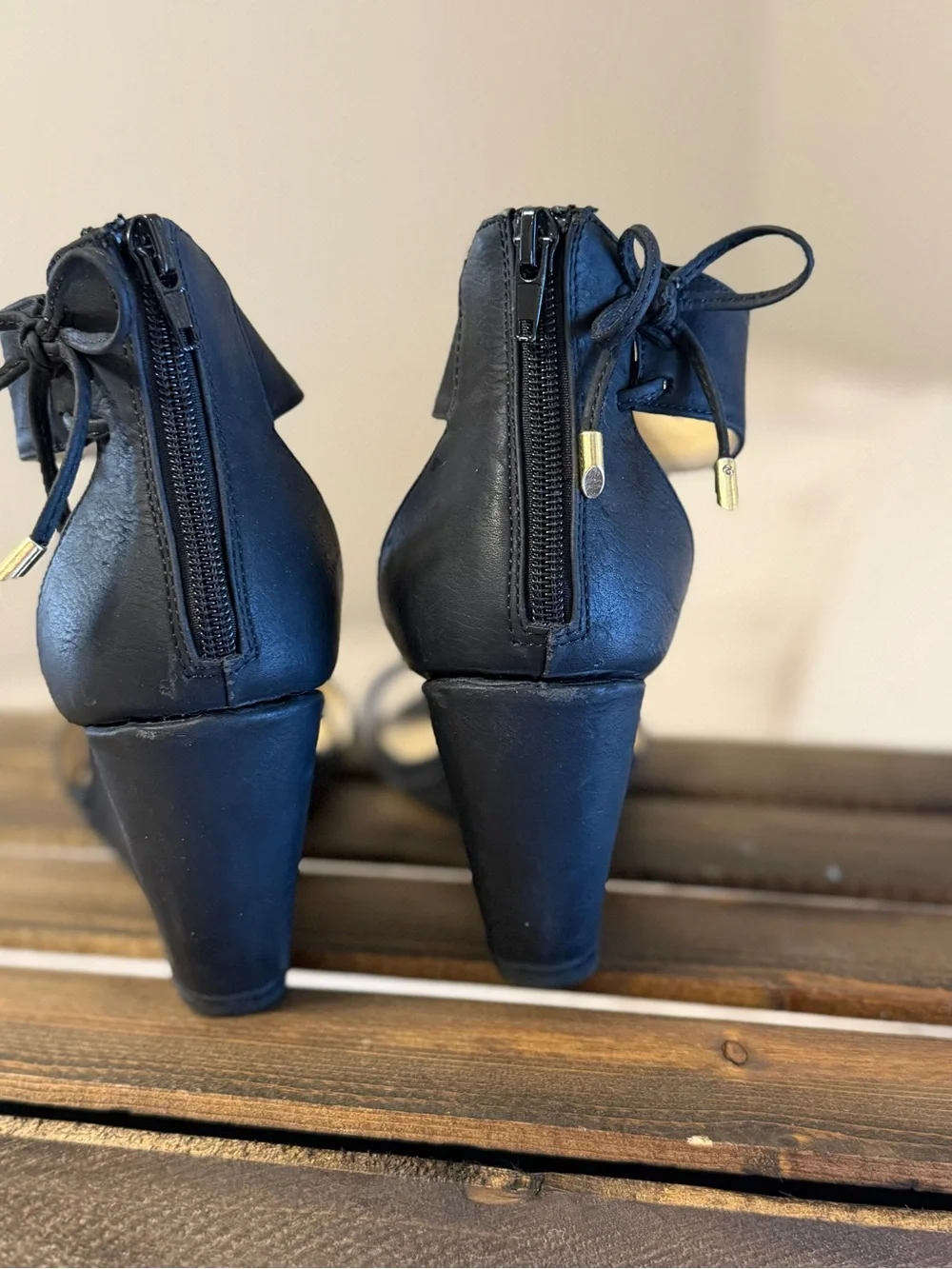 Black Wedge Heels with Ankle Wrap and Bow